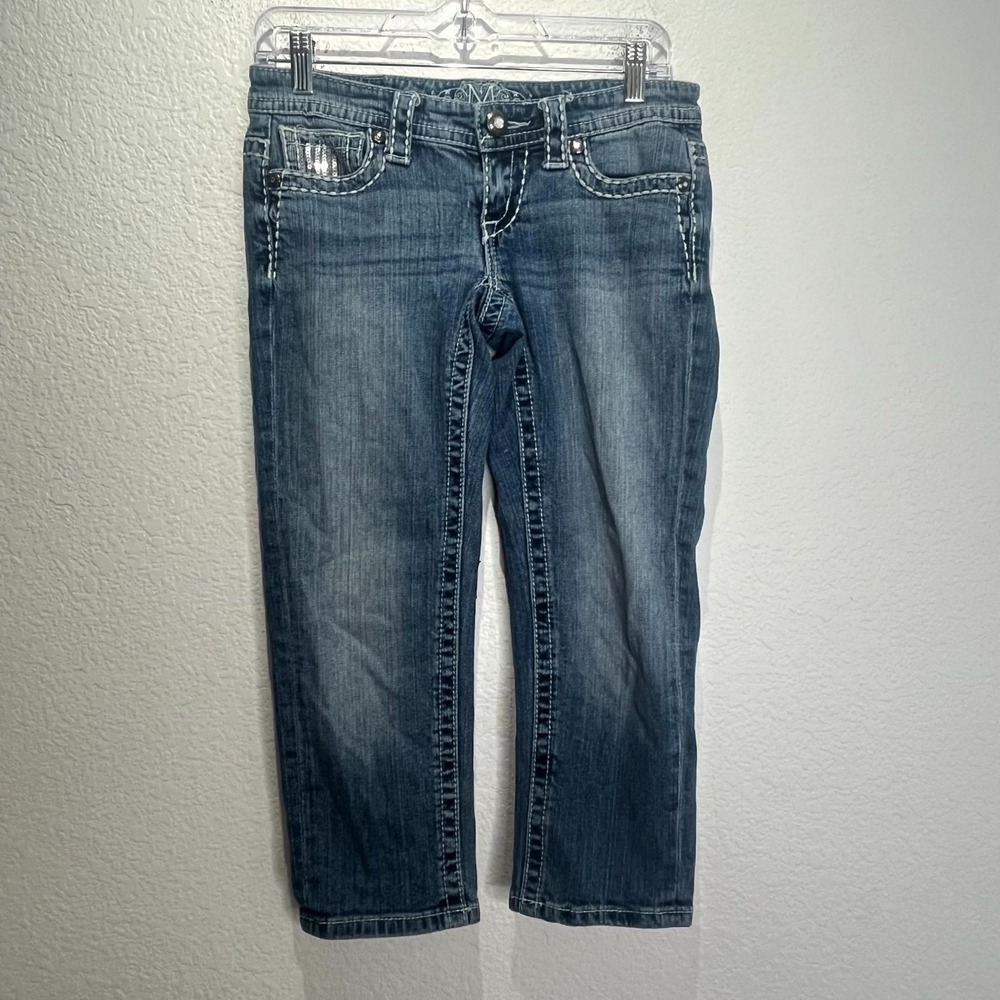 Maurices Cropped Jeans Womens 1/2 Blue Denim Sequin Embellished Straight Leg‎